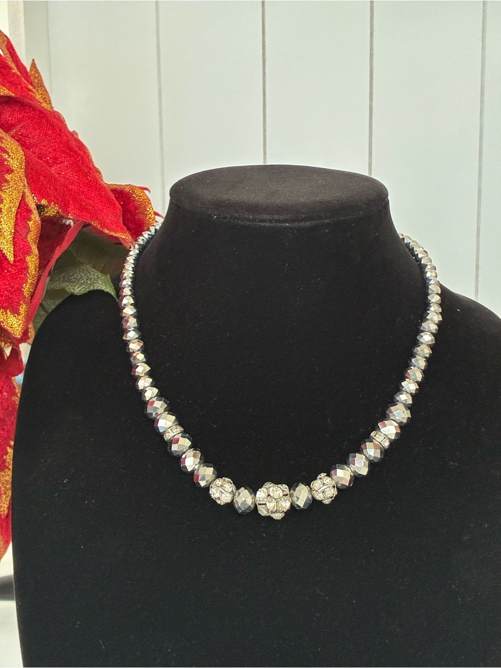 Faceted Silver-Tone Crystal Bead Necklace with Accent Rhinestone Spheres
